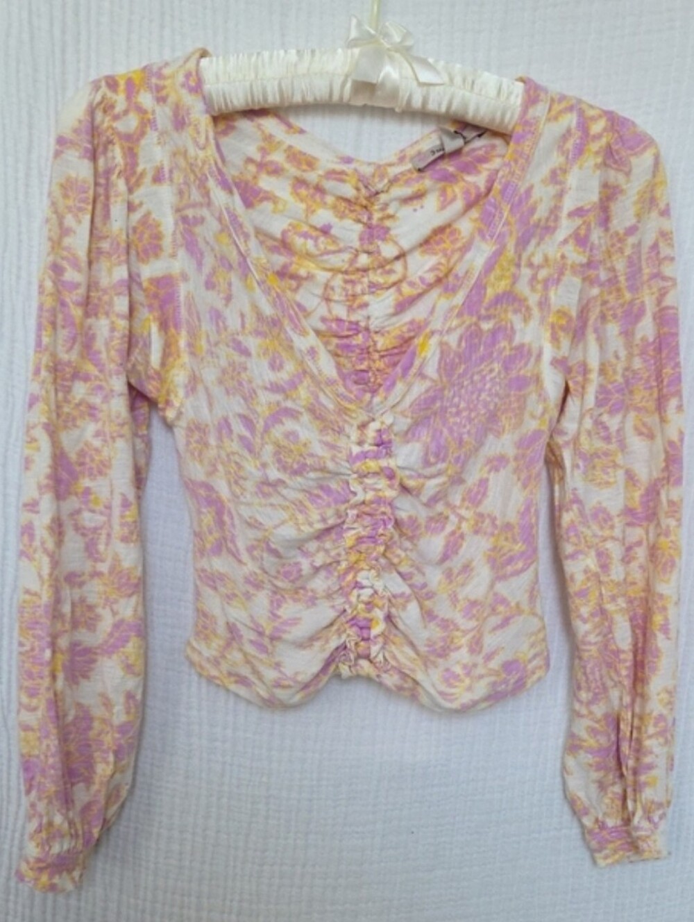 Free People Floral Ruched V-Neck Long Sleeve Top - Cream, Pink & Yellow